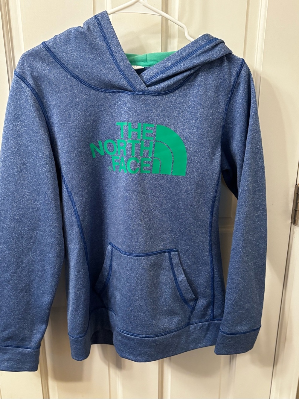 The North Face women’s Blue Hooded Pullover with Green Logo